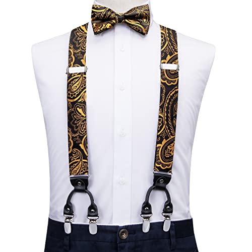 Image of Hi-Tie Black Gold Mens Suspenders Bowtie Set Floral Suspenders Pre-tied Bow Tie Pocket Square Cufflinks Adjustable Y Shape 6 Clips Braces Tuxedo
