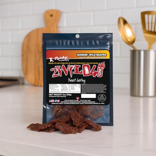 Image of Carolina Reaper Beef Jerky - Premium Brisket Cuts | Extreme Heat | 27g of Protein Per Bag | Small Batch, Real Carolina Reaper & Ghost Pepper Infused | 2WILD4U: Eat If You Dare - 6 ounces total (Pack of 2 bags, 3 ounces each)