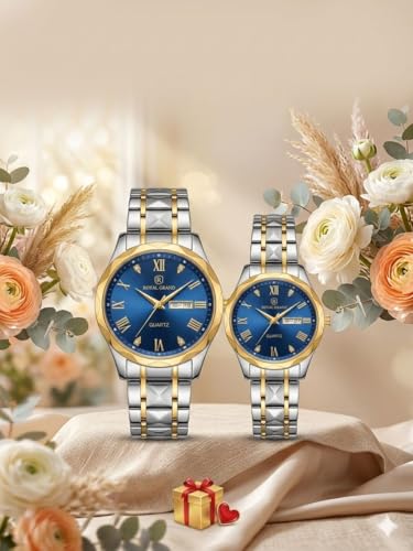 Image of MINI @ MAXX Unisex Adult Couple Watch Set His & Her Matching Watches with Luxury Diamond Accents-Two-Tone Silver Strap,Blue Dial Valentine's Day Stainless Steel Original Quartz Watch Lovers Set