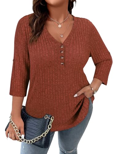 Image of Koscacy Women Plus Size V Neck 3 /4 Roll Sleeve Sweater Casual Knit Tops Solid Color Blouses