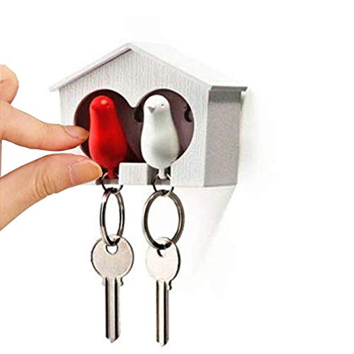 TOPWAYS Novelty Duo Spatz Vogelhaus Schlüsselanhänger und Spatzen Vogel Schlüsselanhänger (weiße und rote Vögel)