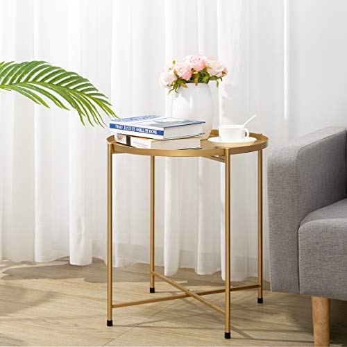 Hollyhome Round Tray Metal End Table, Anti-Rust And Waterproof Indoor&Outdoor Snack And Coffee Table, Accent Tea Table, Sofa Table For Living Room, (D) 18.27" X (H) 20.55", Gold #TOP1