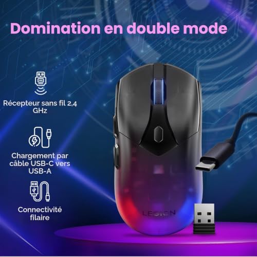 Lenovo Legion M410 Souris de Gaming sans Fil RGB (6 Boutons, lumière RVB à 2 Zones, 16 000 dpi, 400 IPS, Batterie Rechargeable de 53 Heures, Compatible avec Nvidia Reflex) - Noir Transparent