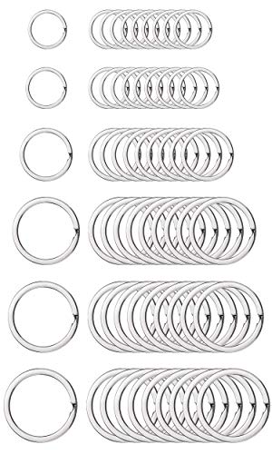 Preisvergleich Produktbild Flache silberne Schlüsselanhängerringe, runde Metallspaltringe für Heimwerker-Autoschlüssel, Organisation, 60 Stück (25 mm, 28 mm, 30 mm, 32 mm, 33 mm, 35 mm, 10 Stück / Größe)
