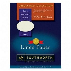 Southworth Fine Linen Paper, 32 lb, 8-1/2"x11", 250/BX, Ivory