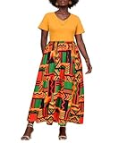 CARCOS Plus Size Dress for Women Yellow African Dashiki V Neck Short Sleeve Midi Dresses Summer Patchwork Geometric Bohemian A Line Flowy Loose Tunic Dress with Pockets 2XL 18W 20W