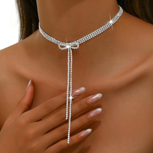 Rhinestone Bowknot Choker Necklace for Women Crystal Long Tassel Clavicle Chain Necklace Cubic Zirconia Bow Knot Jewelry for Women Gifts3