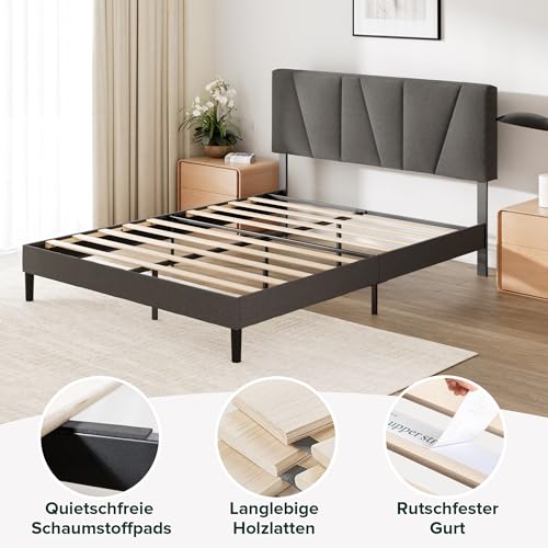 Zinus Maya Polsterbett 180x200 cm mit Kopfteil - 30 cm Hohes Bett 180x200 mit Lattenrost aus Holz - Kompakte Verpackung & Einfache Montage - Dunkelgrau