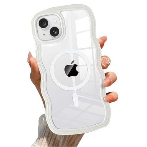 QLTYPRI Magnetic for iPhone 13/14 Case Compatible with Magsafe, Cute Curly Wave Frame Clear Case for Girls Women, Transparent TPU Bumper Shockproof Phone Cover for iPhone 13/14 - White