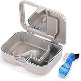 Annhua Denture Cup Bath Box Case with Mirror and Cleaning Brush, Denture Container with Brush Retainer Cleaning Case Mouth Guard Storage Soaking Cup Holder for Travel, Office, Household Use