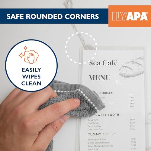 Image of Ilyapa Restaurant Menu Covers 4.25 x 11 Inch - 30 Pack, Single Page, 2 View Clear Sleeves Holder for Restaurant, Durable PVC Hard Plastic Menu Holder | Durable PVC Plastic Sheet Protector, For Restaurant Menu Display, Double-Stitched Edges