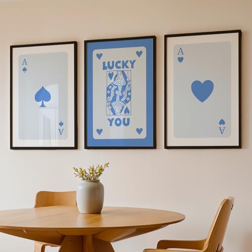 Image of NoWorries Blue Playing Card Framed Wall Art Set of 3, Blue White Ace of Hearts, Ace of Spades Lucky You Typography Prints with Natural Frames for Bedroom, Living Room, Office Decor (ART-12, 17X25inch)