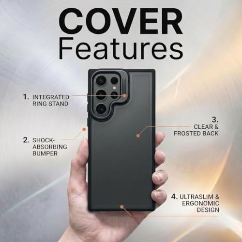 Image of amazon basics Frosted Matte Case for Samsung Galaxy S23 Ultra 5G | Built-in Flip-Out Camera Lens Stand | Translucent Back with Contrast Black Bumper | Foldable Kickstand