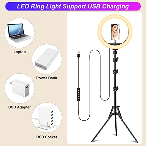 Image of STALLY 10.2 inch Ring Light with Stand and Phone Holder, 75 inch Tripod 96 RGB Mode