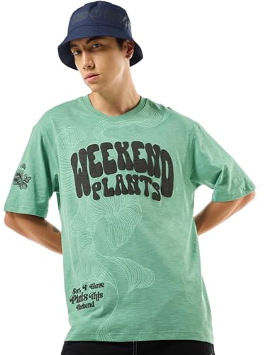 Image of Bewakoof Air 1.0 Men's Graphic Printed Oversized Fit Half Sleeve Round Neck Cotton Slub T-Shirt