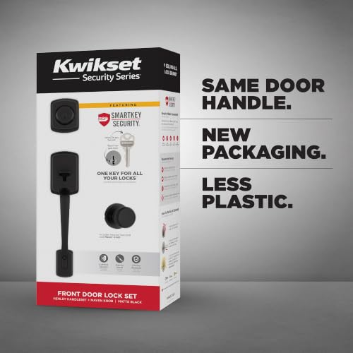 Image of Kwikset Henley Front Door Lock Handle and Deadbolt Set, Entry Handleset Exterior with Round Maven Interior Door Knob, Matte Black, Pick Resistant SmartKey Rekey Deadbolt Security