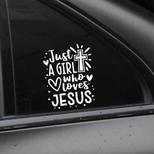 Image of Just A Girl Who Loves Jesus Decal Car Sticker, 6.1 inchx4.6 inch Jesus Cross Vinyl Sticker Car Bumper Decal, Waterproof Auto Exterior Decoration Decals for Cars, Truck, Wall, Window, Laptop (White)