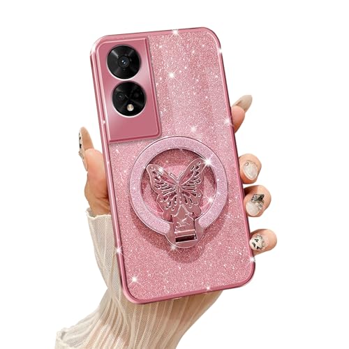 Tesazxcn Phone Case for TCL 50 XE 5G [Compatible with Magsafe] with Butterfly Kickstand & Lanyard Soft TPU Bling Shockproof Protection Cover for TCL 50 XE 5G Case Rose Gold