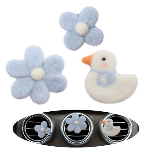 Image of ORIESSE Cute Car Accessories,Duck Flower Air Vent Clips,Handmade Wool Felt Aroma Diffuser,Refillable Girly Car Air Freshener,3pcs White Blue Car Decor
