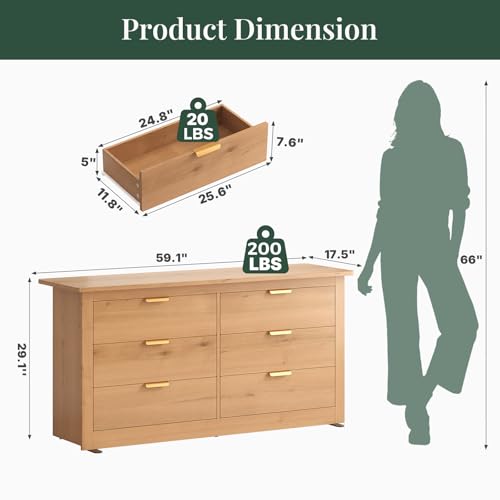 Image of 59 inch Wide Wood TV Stand with 6 Drawers & Metal Handles, Modern Media Console Storage Cabinet for Living Room, Bedroom, Entryway & Home Office, Wood