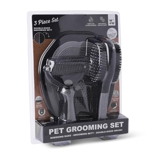 Core Home Pet Grooming Mitt Shedding Rake and Double Sided Brush Plastic Black 3 Piece Set