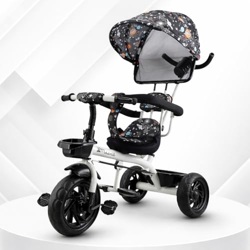 Image of Maanit Kids Tricycle with Canopy & Dual Storage Basket - Toddler Bike with Parental Handle Control, Safety Guardrail & Comfort Seat - Trike for Ages 1.5-5 Years (M692) (Grey)