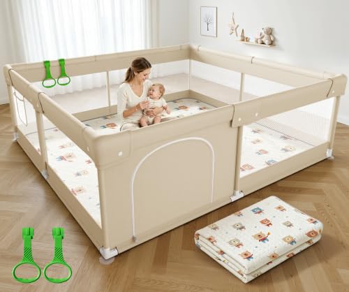ZEEBABA Safe Baby Playpen with Mat, 47x47in Beige Play Pen with S...