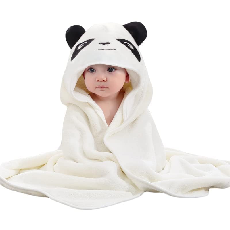 Wrap Your Baby in Comfort: White Panda Hooded Baby Towel & Washcloth Set - Soft Cotton Blend, 90×90 cm, Black and White