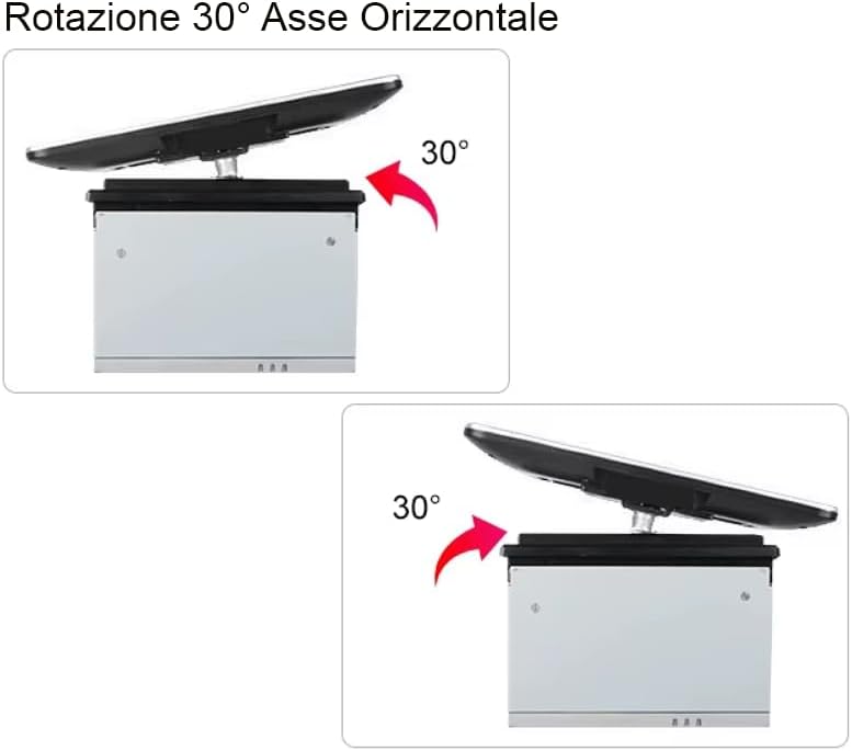 Diagram showing the Macrom T1003DAB monitor tilting 30 degrees upwards and 30 degrees downwards along its horizontal axis.