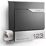 Moderner Briefkasten Personalisierbar Manhattan Anthrazit RAL7016 - mit Zeitungsfach - Wandbriefkasten mit Edelstahl Namensschild und Hausnummer Gravur I Rostfrei und UV-beständig (Mit Gravur)