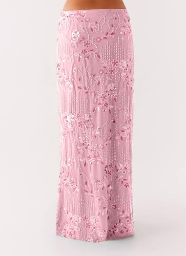 Sparkle Rhinestone Floral Maxi Skirt Y2K Sequin Long Skirt Summer High Waist Glitter Midi Skirts Going Out Skirts for Women3