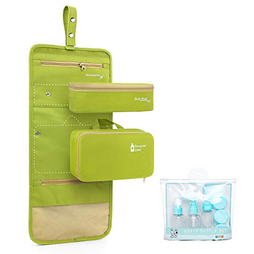 Hanging Toiletry Bag for Women Travel Kit Waterproof Detachable Makeup Organizer Cosmetic Bag Travel Case with Empty Bottle Set （Green)