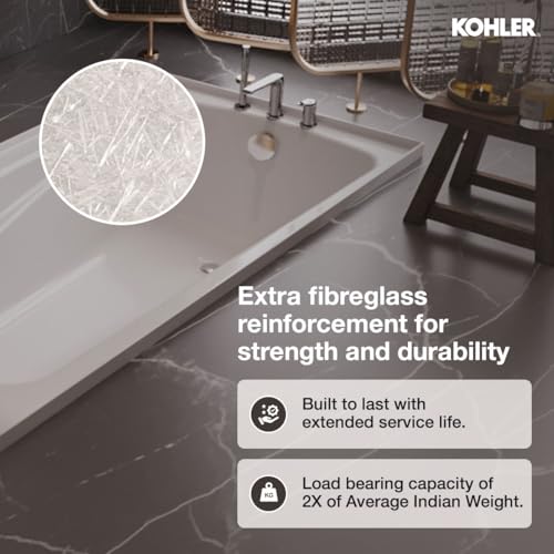 Image of Kohler Duo Bath tub for bathroom | Drop-in Acrylic Bathtub with Lumbar Support | Ergonomically-Crafted for Small & Medium Bathrooms | White, 1525mm