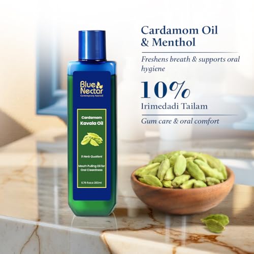 Image of Blue Nectar Cardamom Mint Oil Pulling for Mouth | Ayurvedic Mouth Freshener & Mouthwash | Natural Pulling Oil for Cool Fresh Breath & Daily Oral Care (9 Herbs, 200ml)