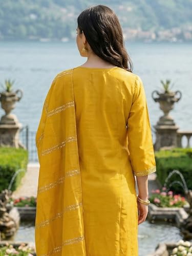 Image of INDO ERA Women's Silk Blend Embroidered Thread Work Kurta & Pant with Dupatta Set | Suit Set For Women