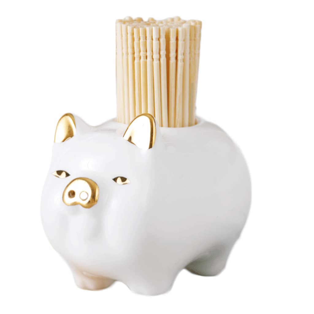 MRKU Toothpicks Dispenser Toothpick Box Holder Fashion Porcelain Piggy Cute Container White Storage Sturdy Chic