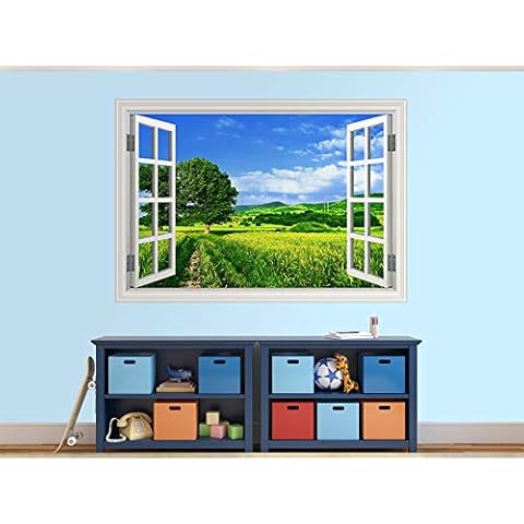 Green Fields and Blue Sky and Tree Photo Window Wall Sticker Wall Mural (3242946ww) (120cm x 80cm) Cover