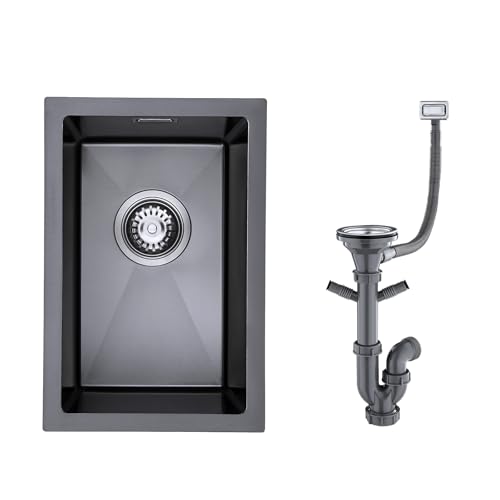 KINKIBOS Évier 304 en acier inoxydable 30 x 45 cm, évier sous plan de travail petit, évier en acier inoxydable noir gris avec trop-plein (sans trou de...