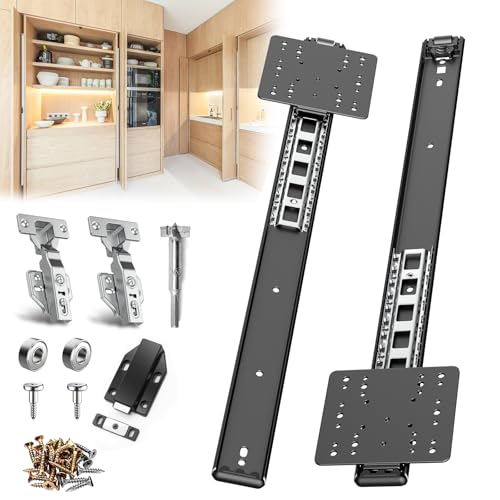 JAXYOOM 18in Pocket Door Hardware Slide 1 Set,Cabinet Hidden Sliding Pocket & Pivot Door Rail with Hinge for Heavy Duty Furniture,Soft Close Retractable Hardware Kit for Kitchen & Recessed Wardrobe