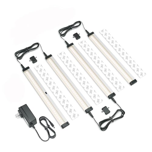EShine Hand Wave Activated Under Cabinet LED Lighting Kit, Dimmable, 4-Pack 12 in - Touchless Dimming Control, Black Under Counter Lights for Kitchen, Garage, Shelf, Pantry - Warm White (3000K)