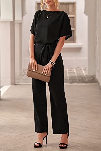 Addkaka Womens Crew Neck Short Sleeve Jumpsuits One-Piece Tie Waist Long Jumpsuits Black Large #TOP4