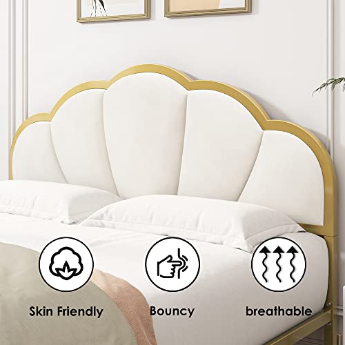 Hifit Queen Upholstered Bed Frame With Elegant Flowers Headboard, Metal Platform Size Wooden Slats Support, No Box Spring Needed, Noise, Easy Assembly, Velvet, Beige #TOP4