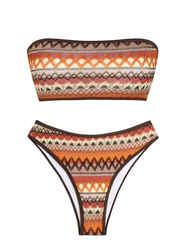 Image of ZAFUL Women Strapless Textured Bandeau Bikini 2 Piece Swimwear Cheeky Solid Lace up Bathing Suits