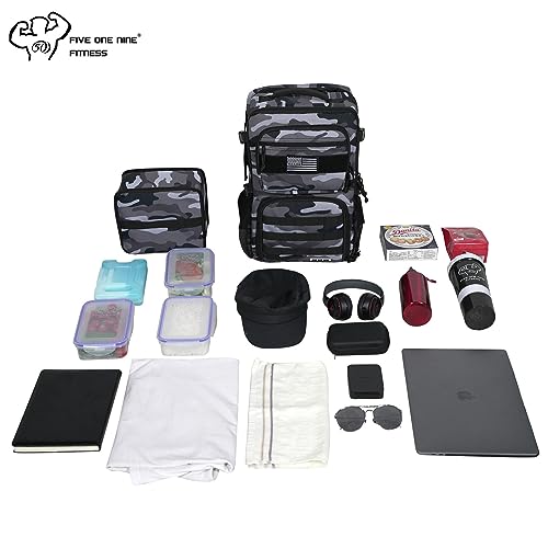 519 Fitness [Tactical All-Around] Modular Meal Prep Backpack - Grey Camouflage - Fits 17" Laptop - Removable Meal Part, Hydration Bladder, 3 Containers, 2 Ice Packs & US Flag Patch