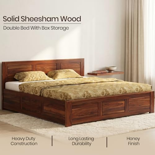 Image of WOODLAB Solid Sheesham Wood King Size Bed with Box Storage | Wooden Double Bed Cot for Bedroom | Heavy Duty Palang Bed Furniture | Modern Honey Finish