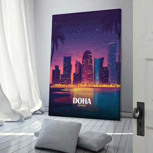 sinyumoney Doha Qatar Skyline at Night Tableaux Pour Chambres, Toilettes, Salle De Bain,...