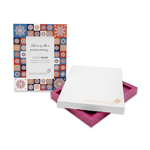 Image of Photo Frame with Gift Box | Size: 9 inch x 7 inch (Photo 4 inch x 6 inch) | Floral Tiles | Aesthetic Decorative Photo Frame for Wall Mount and Tabletop