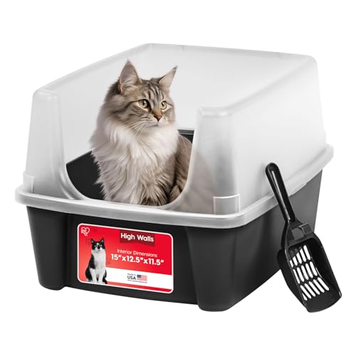 IRIS USA Large Cat Litter Box with Scatter Shield and Scoop, Open Top High Sided Cat Litter Pan, Black