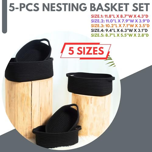 Image of MINTWOOD Design 5-Piece Storage Baskets for Organizing, Small Woven Rope Baskets for Storage and Shelves, Dog Cat Toy Basket Box, Pantry Bathroom Organization Bins, Nightstand Organizer, Full Black