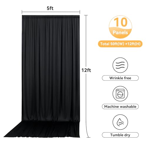 Image of 10 Panels 5x12ft Wrinkle Free Black Backdrop Curtains for Parties, Polyester Photo Backdrop Drapes 12 ft Long Back Drop Cloth for Wedding Birthday Photography Background, 50ftx12ft
